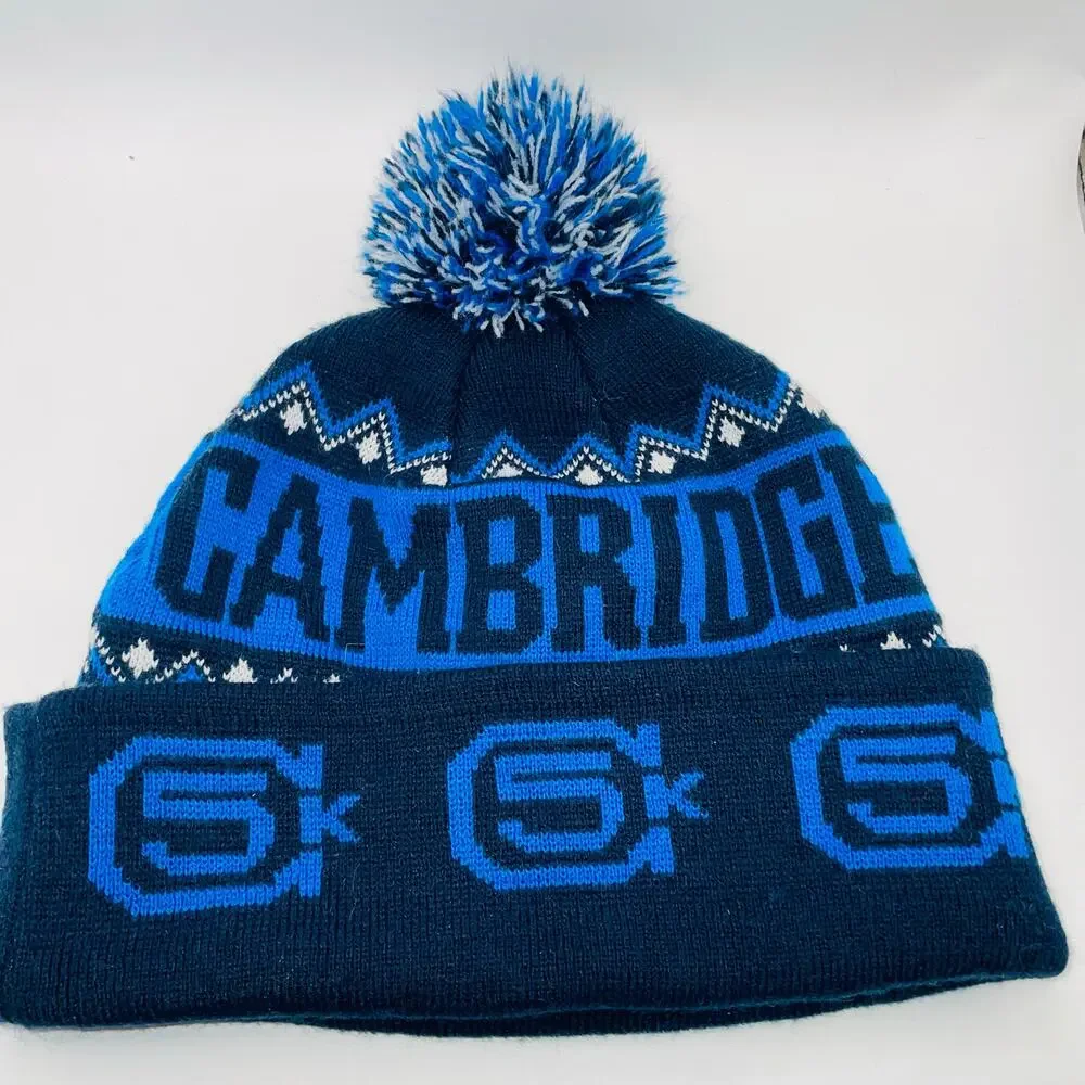 Cambridge 5K Yulefest Beanie Hat Blue Pom Winter Race Knit Men Women One Size